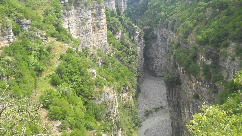 Telephoto view of the Osumi Canyon rock towers and layered cliffs
